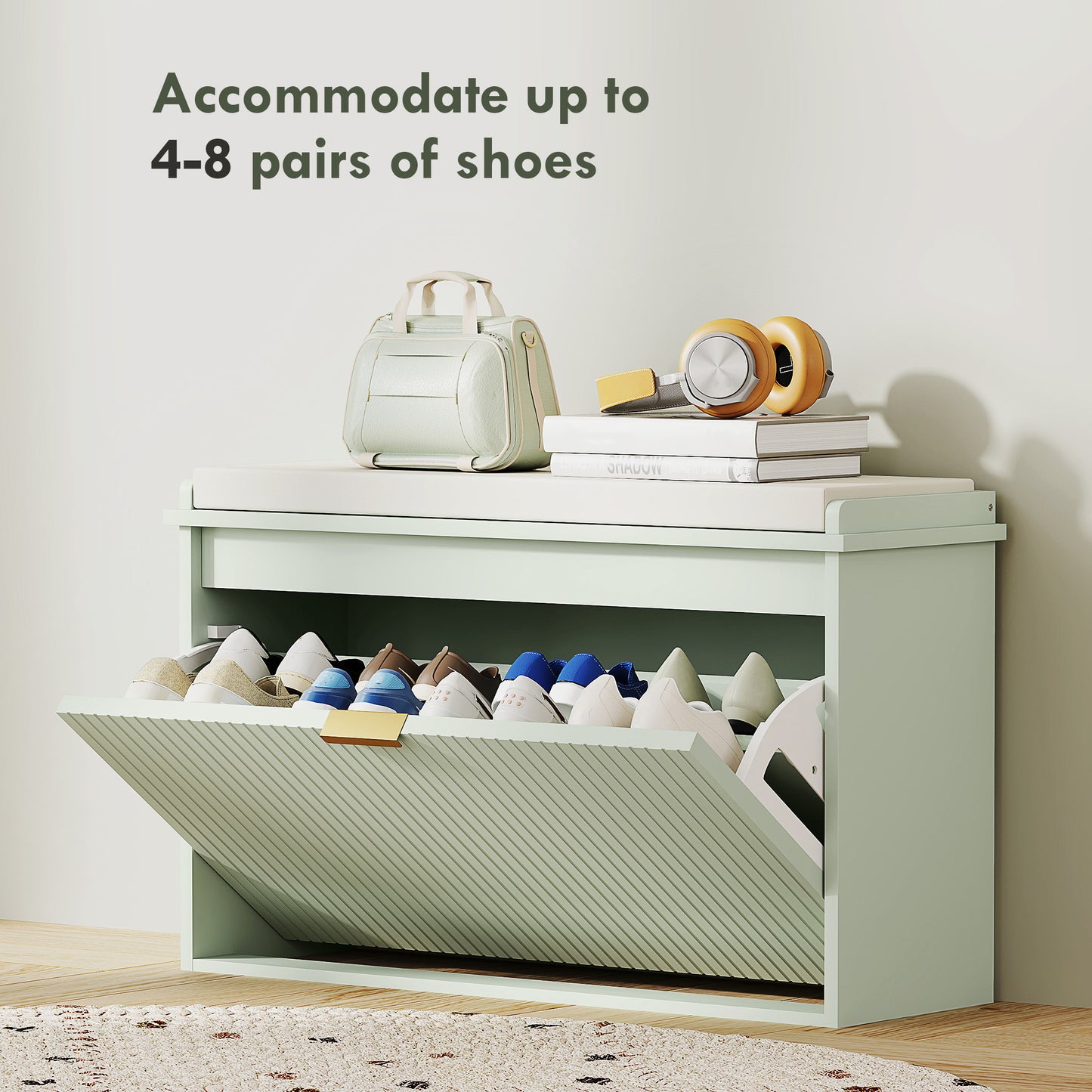 Nohalu Baro Mint Green Wooden 8 Pair Shoe Bench With Cushioned Top