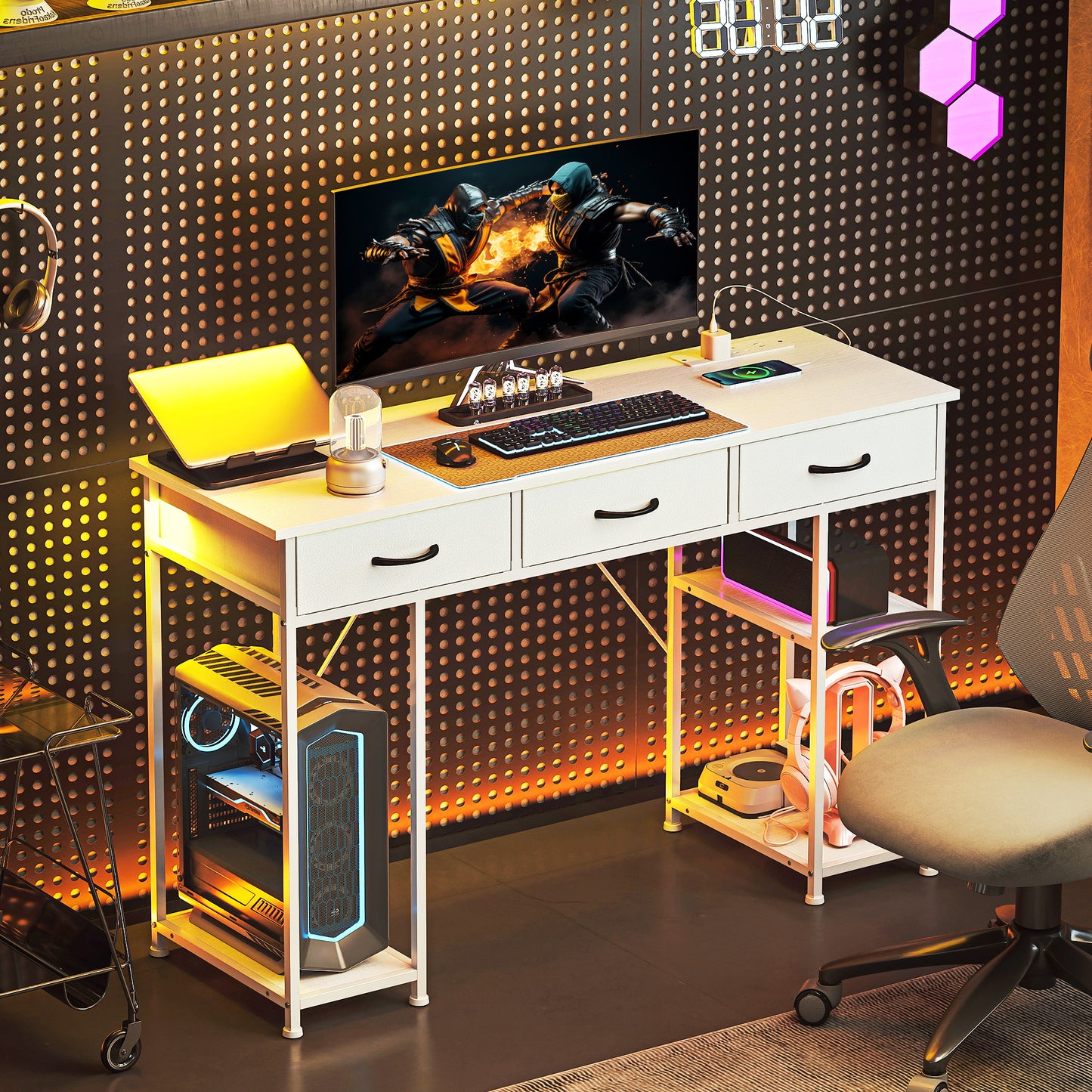 Riba 120cm Wooden White Home Office Desk With Power Sockets 3 Fabric Drawers And Storage Shelves 120 cm