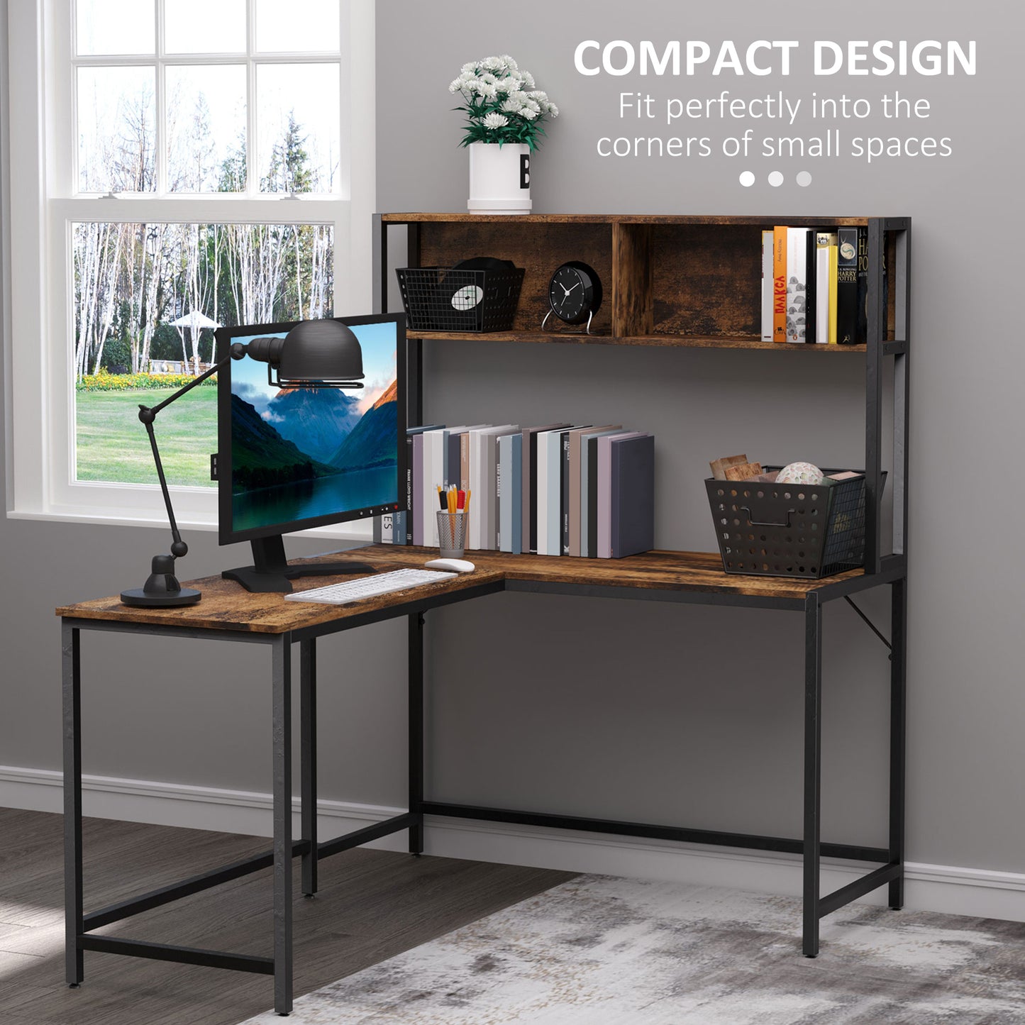 Monoba 140cm Mani Metal And Wooden Brown Industrial L Shaped Desk With Bookshelf