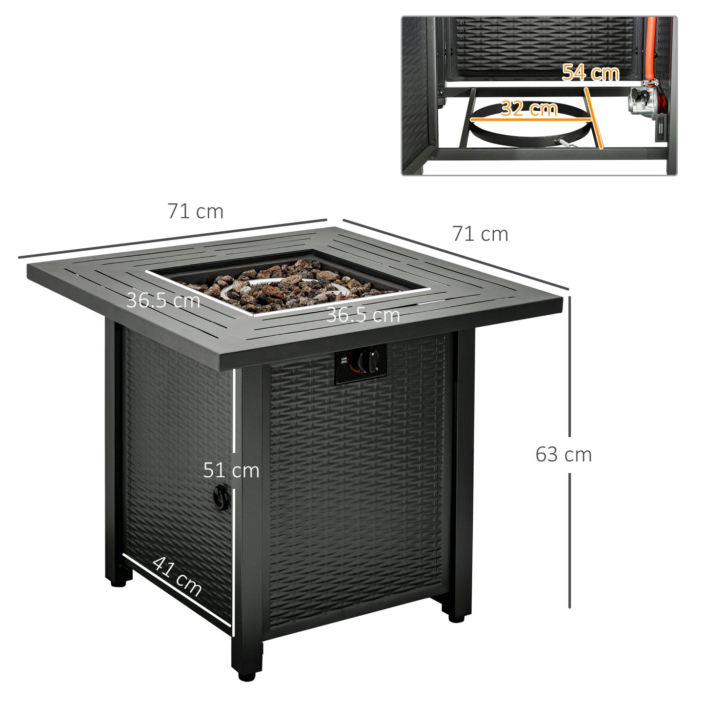 Ellulo Rattan Black Square Propane Gas Fire Pit Table with Cover Glass Beads And Lid