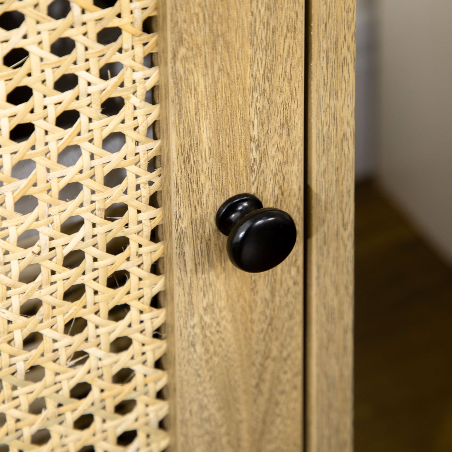 Vini Raba Natural Wood Bedside Table With Rattan Drawer and Door