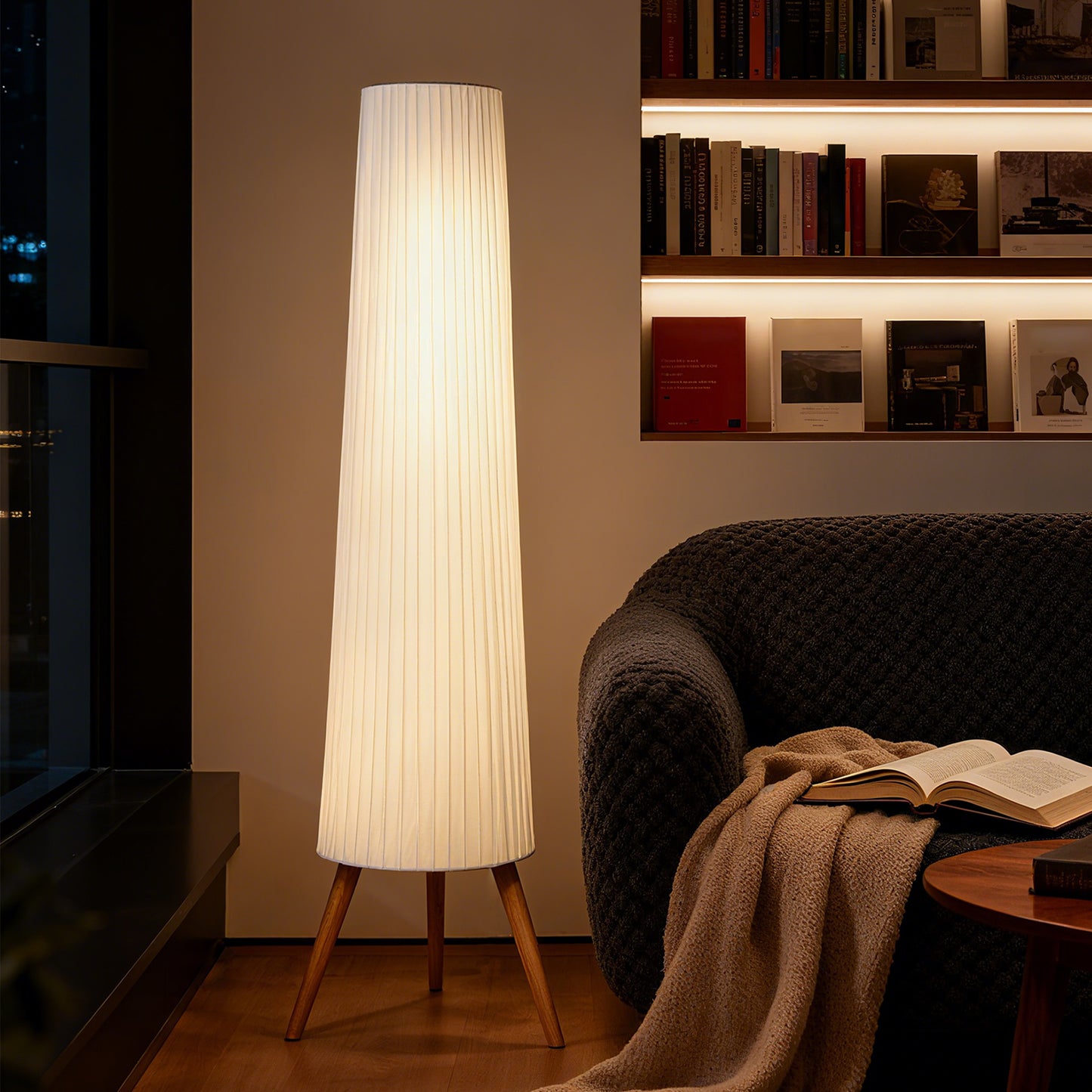 Liletti Natural Wood and White Fabric 3 Level Tripod Scandi Floor Lamp