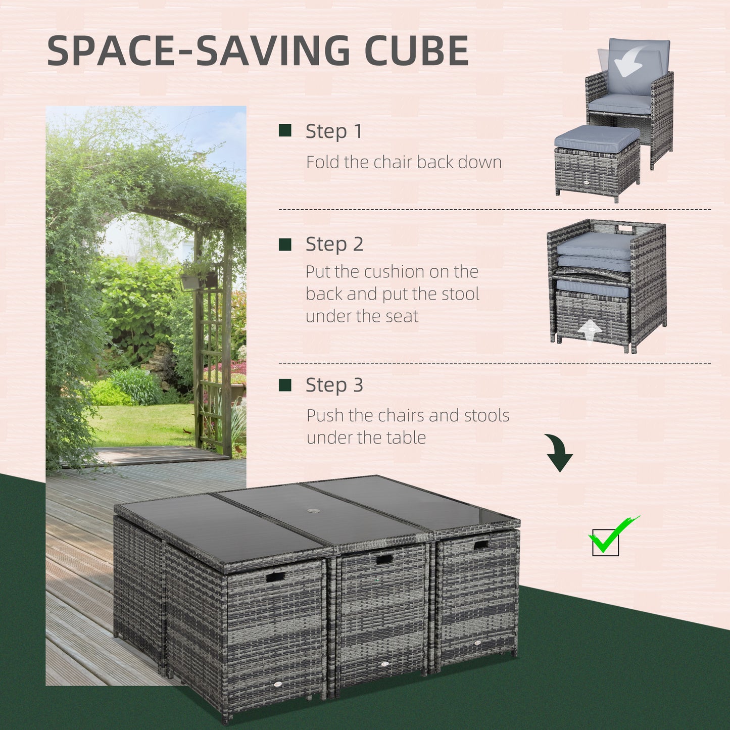 Tasuke Rattan Grey 10 Seater Cube Garden Dining Set With Cushions And Rectangular Glass Table