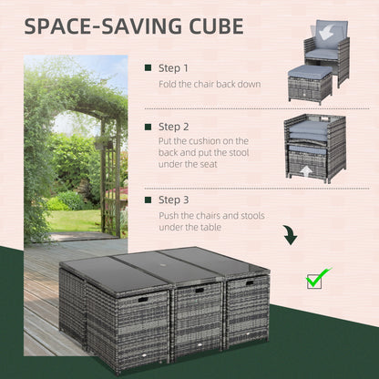 Tasuke Rattan Grey 10 Seater Cube Garden Dining Set With Cushions And Rectangular Glass Table