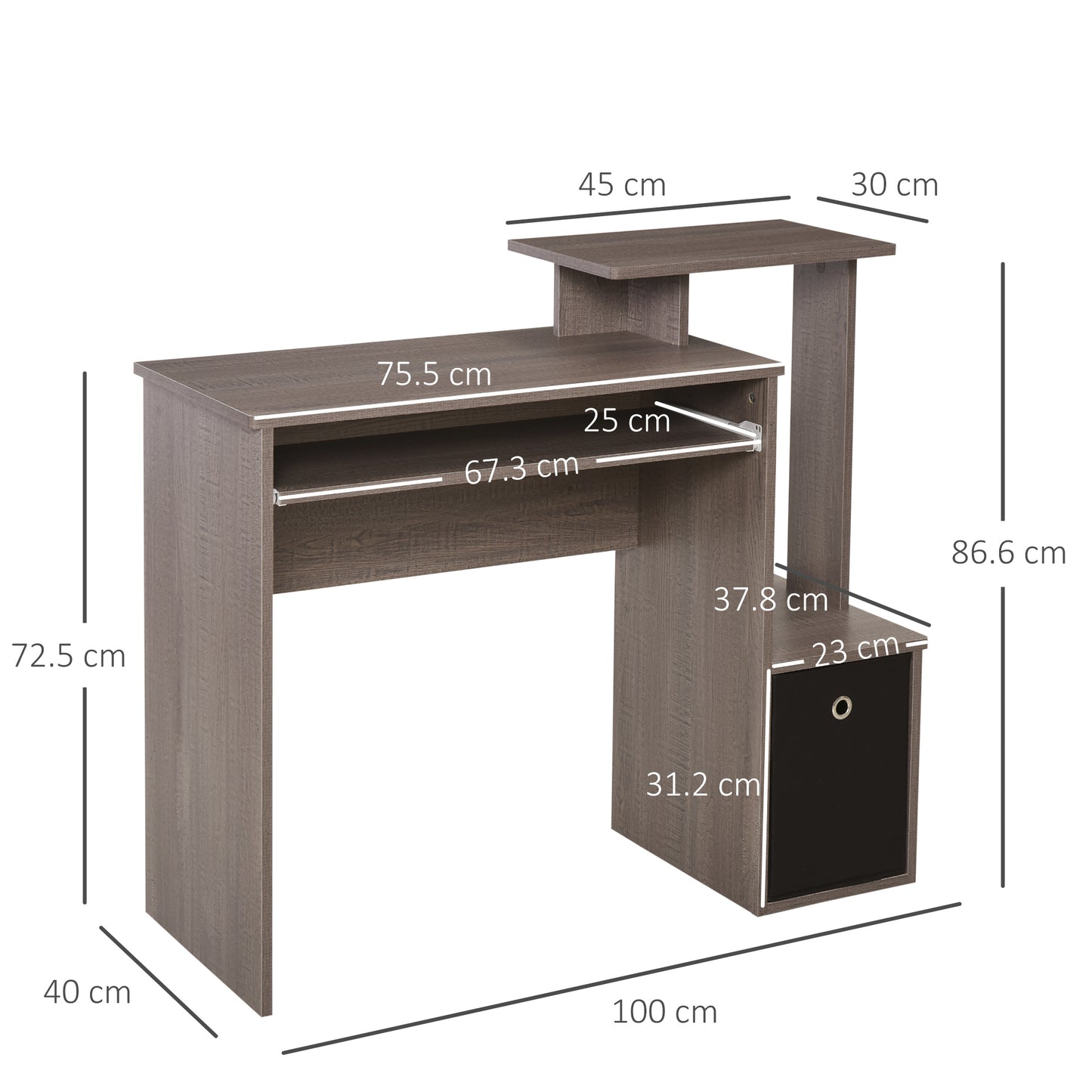 Ramo 100cm Wooden Grey Home Office Desk With Keyboard Tray Drawer And Side Shelving