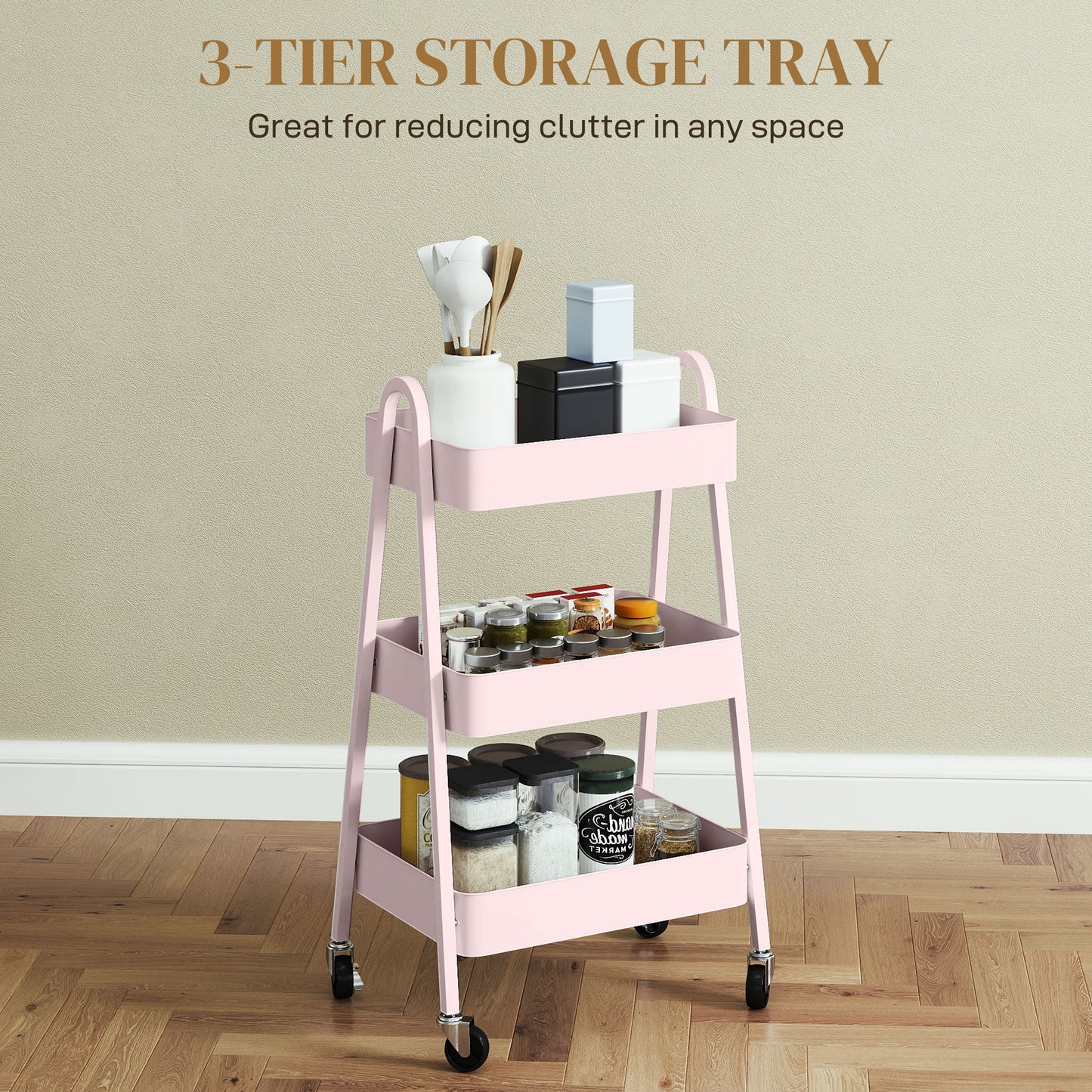 Subase Metal Pink 3 Tier Storage Trolley With Wheels