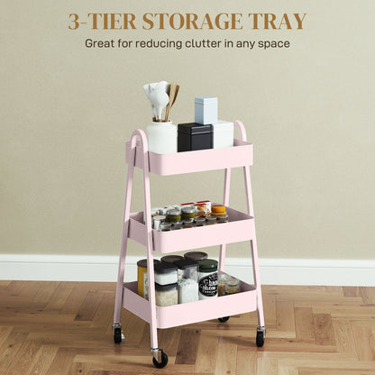 Subase Metal Pink 3 Tier Storage Trolley With Wheels