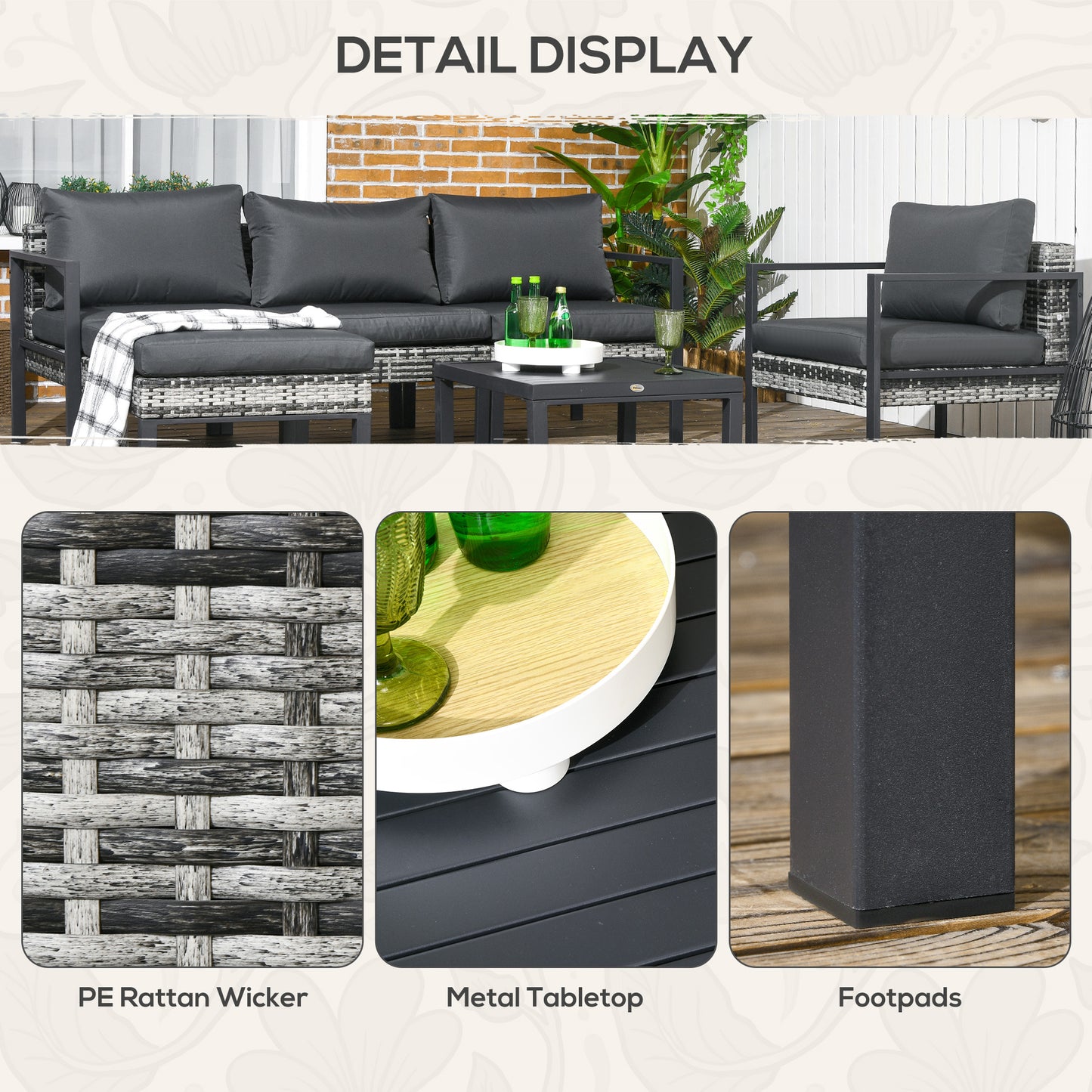 Fineno Rattan Dark Grey and Black 5 Seater Garden Sofa Set With Cushions