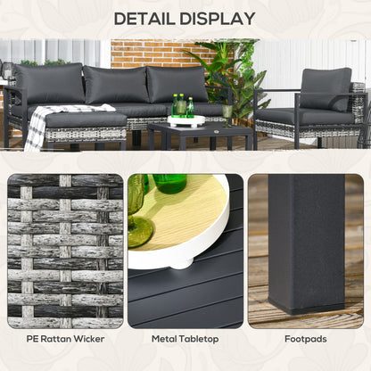 Fineno Rattan Dark Grey and Black 5 Seater Garden Sofa Set With Cushions