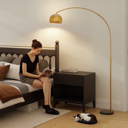 Ketota Gold Metal And Black Marble Arc Bell Floor Lamp With Adjustable Shade