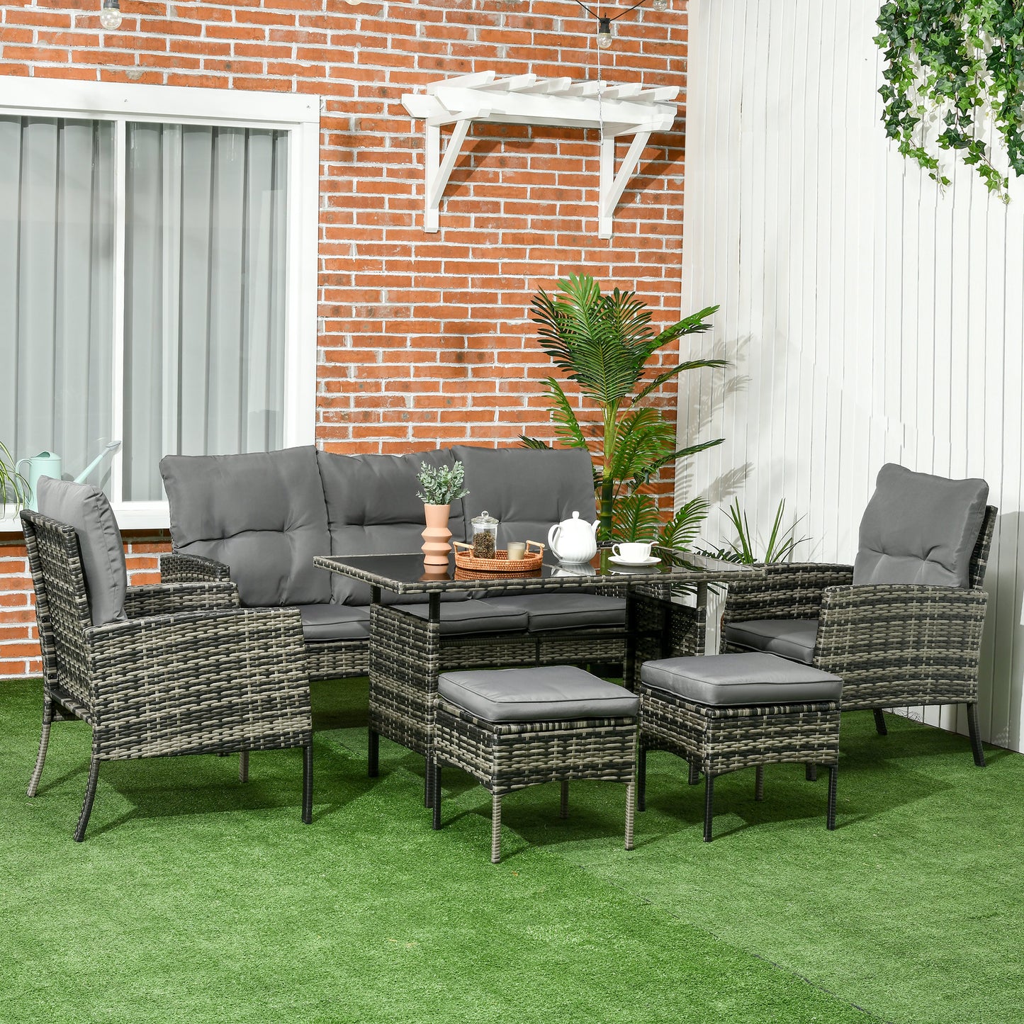 Lolu 7 Seater Grey Rattan Garden Sofa Set With Cushions And Glass Table