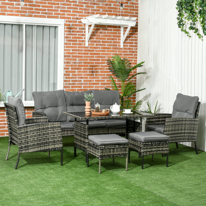 Lolu 7 Seater Grey Rattan Garden Sofa Set With Cushions And Glass Table