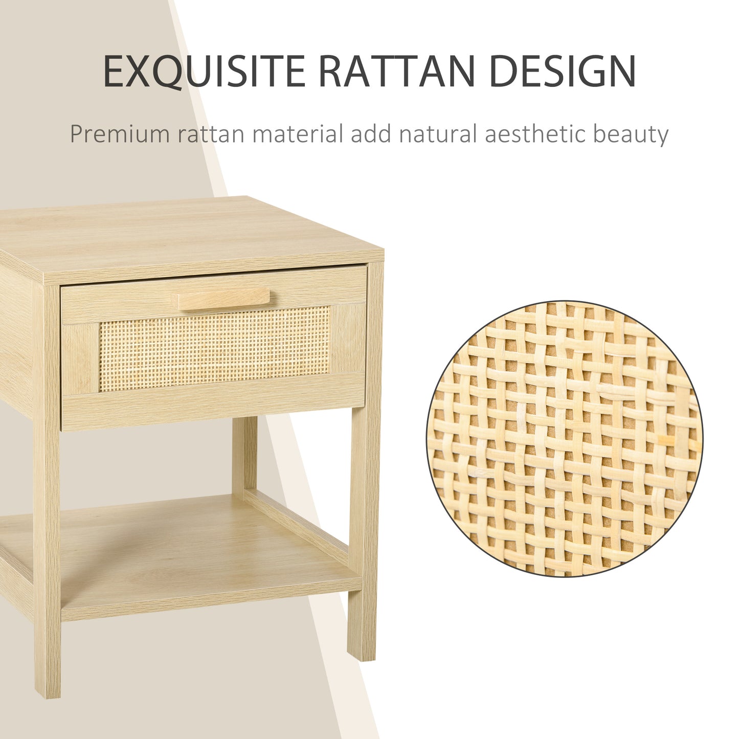 Tafa Natural Wood Bedside Table With Rattan Drawer And Open Storage Shelf