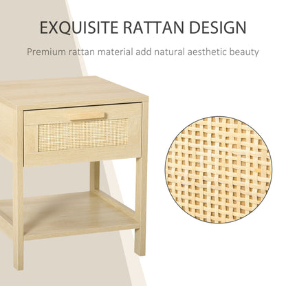 Tafa Natural Wood Bedside Table With Rattan Drawer And Open Storage Shelf