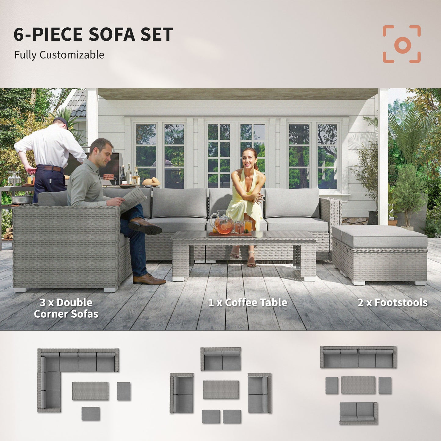 Rava Faux Rattan Grey 8 Seater Corner Sofa Set With Glass Coffee Table And Footstools