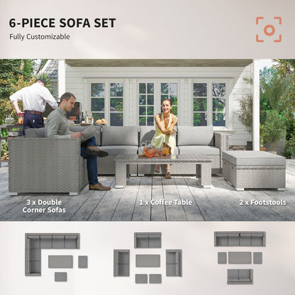 Rava Faux Rattan Grey 8 Seater Corner Sofa Set With Glass Coffee Table And Footstools