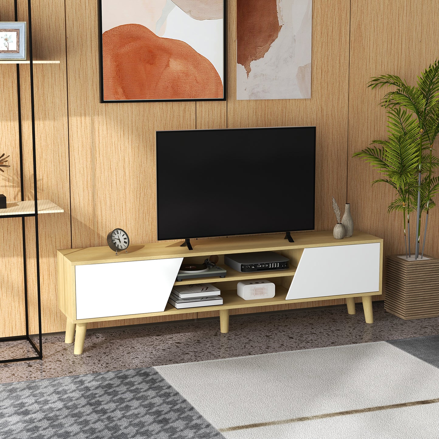 Katoha Sadi Wooden White And Wood Effect Scandinavian Style TV Console With Storage
