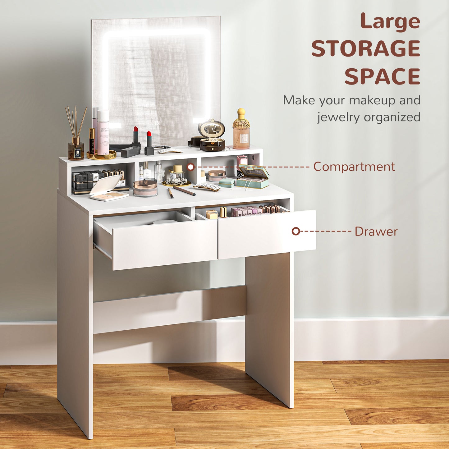 Linora Roso White Dressing Table With LED Mirror And Built In Storage
