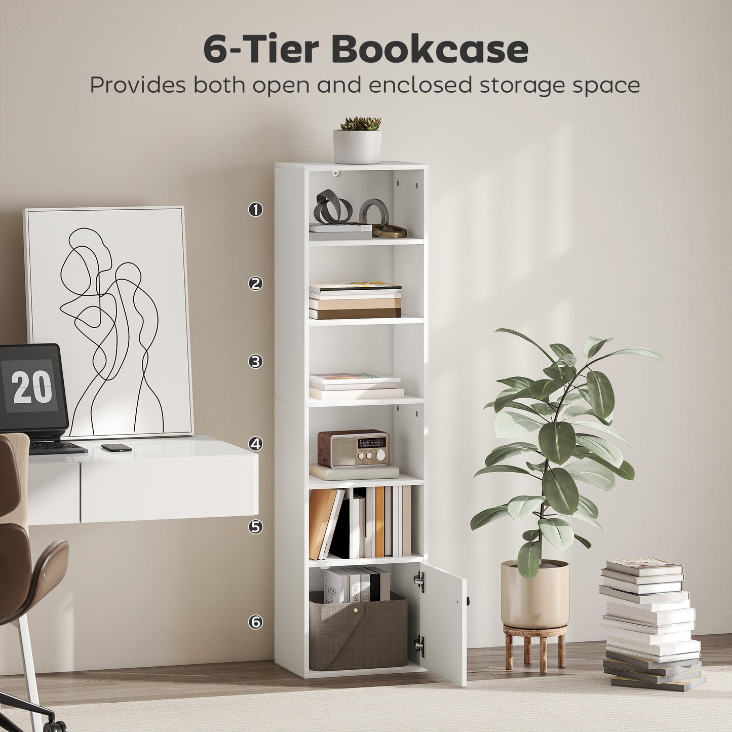 Vari Wooden White Tall 6 Tier Bookcase H8 156 cm