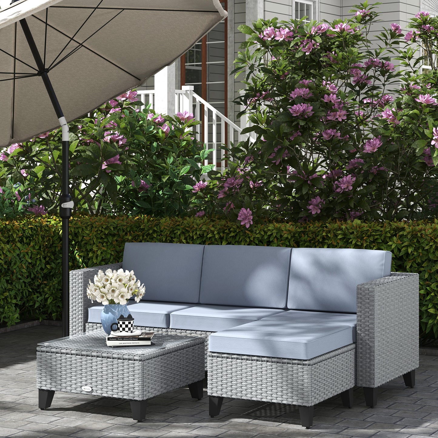 Vasuro Rattan Grey 3 Seater Furniture Set With Corner Sofa and Coffee Table