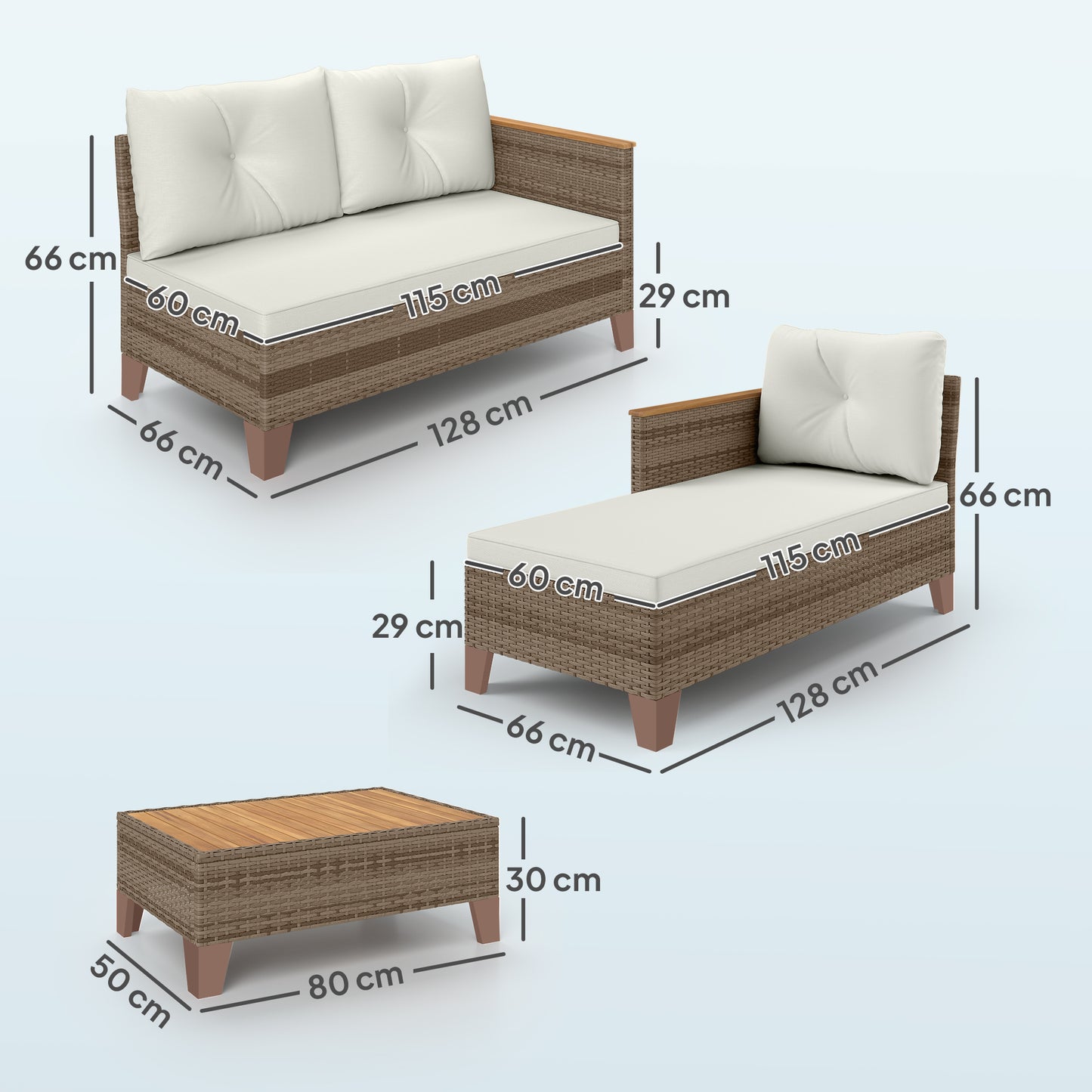 Serado Natural Rattan and Cream Fabric 3 Piece L Shaped Outdoor Conversation Set With Wood Top Table