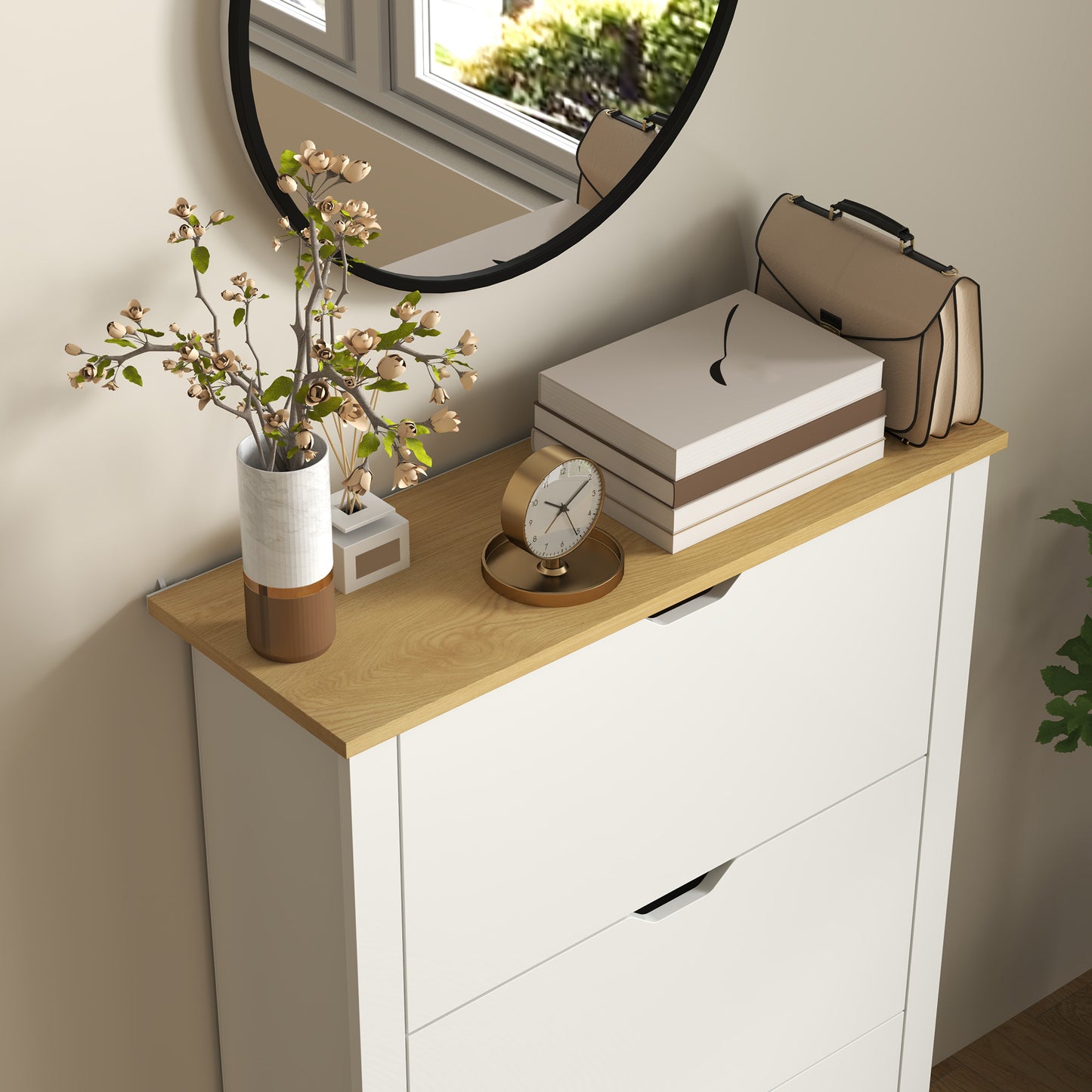 Dorane Lake High Gloss White Slim Shoe Cabinet With 3 Flip Drawers