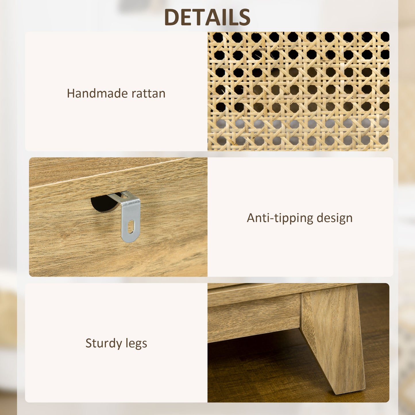 Hazi Wooden Set Of 2 Natural Wood and Rattan Bedside Tables With Shelf And Drawer