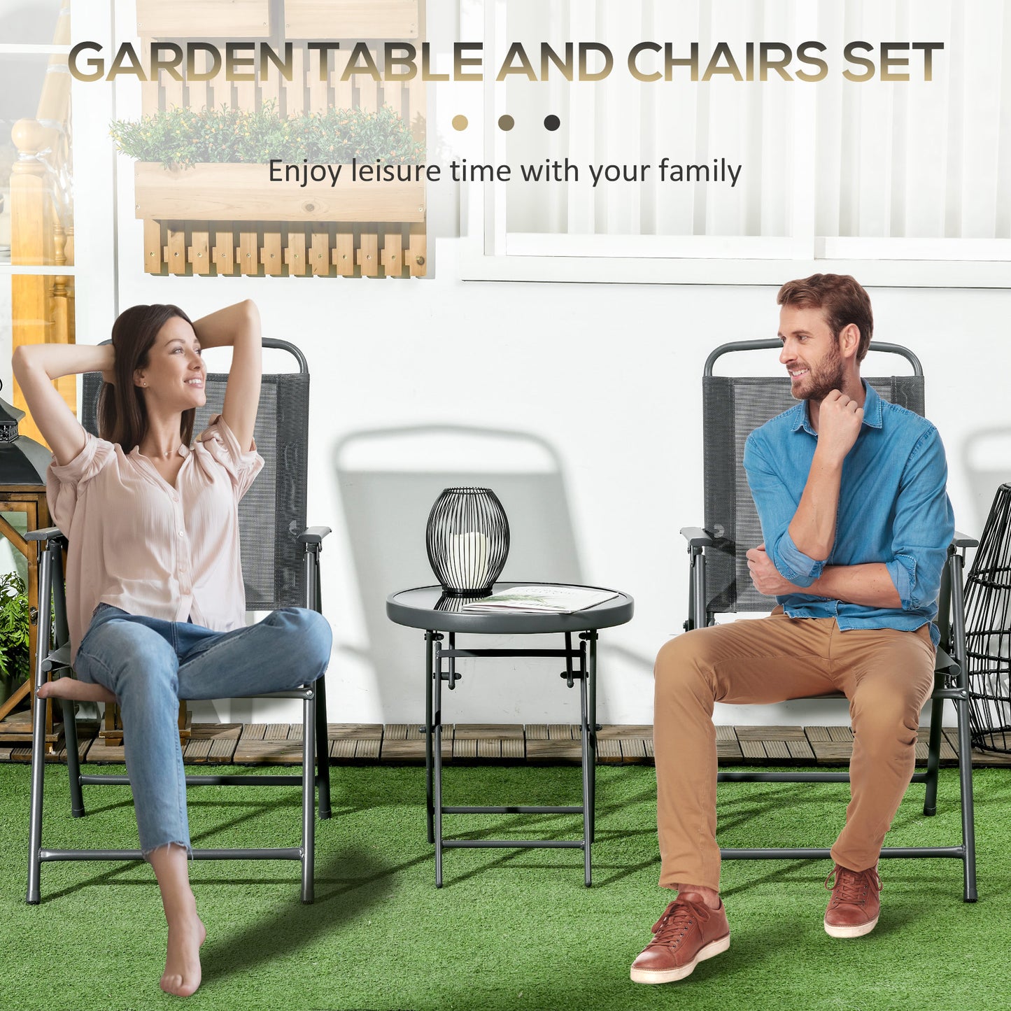 Baketo Glass And Metal Dark Grey 3 Piece Garden Seating Set With Table And Chairs