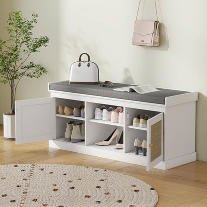 Bafisa Wooden White Boho Shoe Bench With Cushioned Seat And Rattan Doors