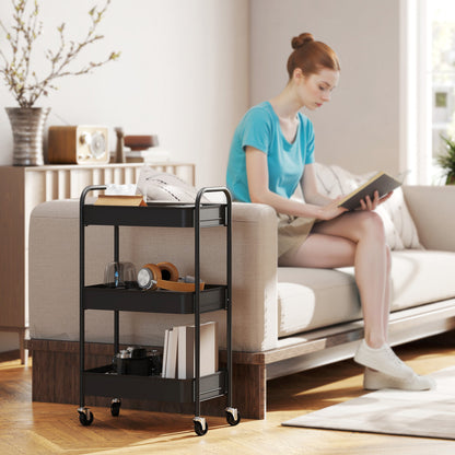 Varafi Metal Black 3 Tier Steel Storage Trolley With Wheels