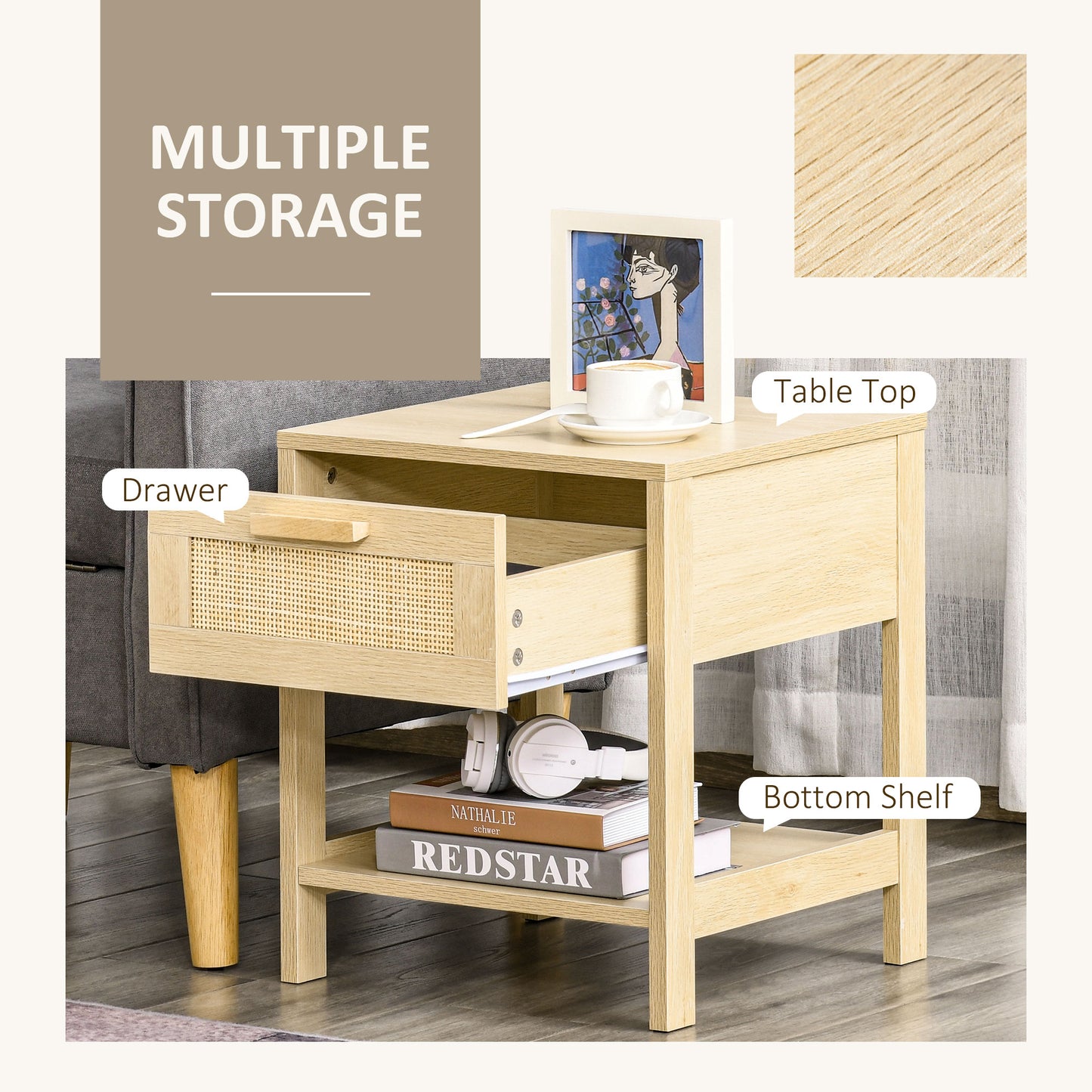 Dilamo Set Of 2 Farmhouse Bedside Tables With Rattan Drawer And Open Shelf