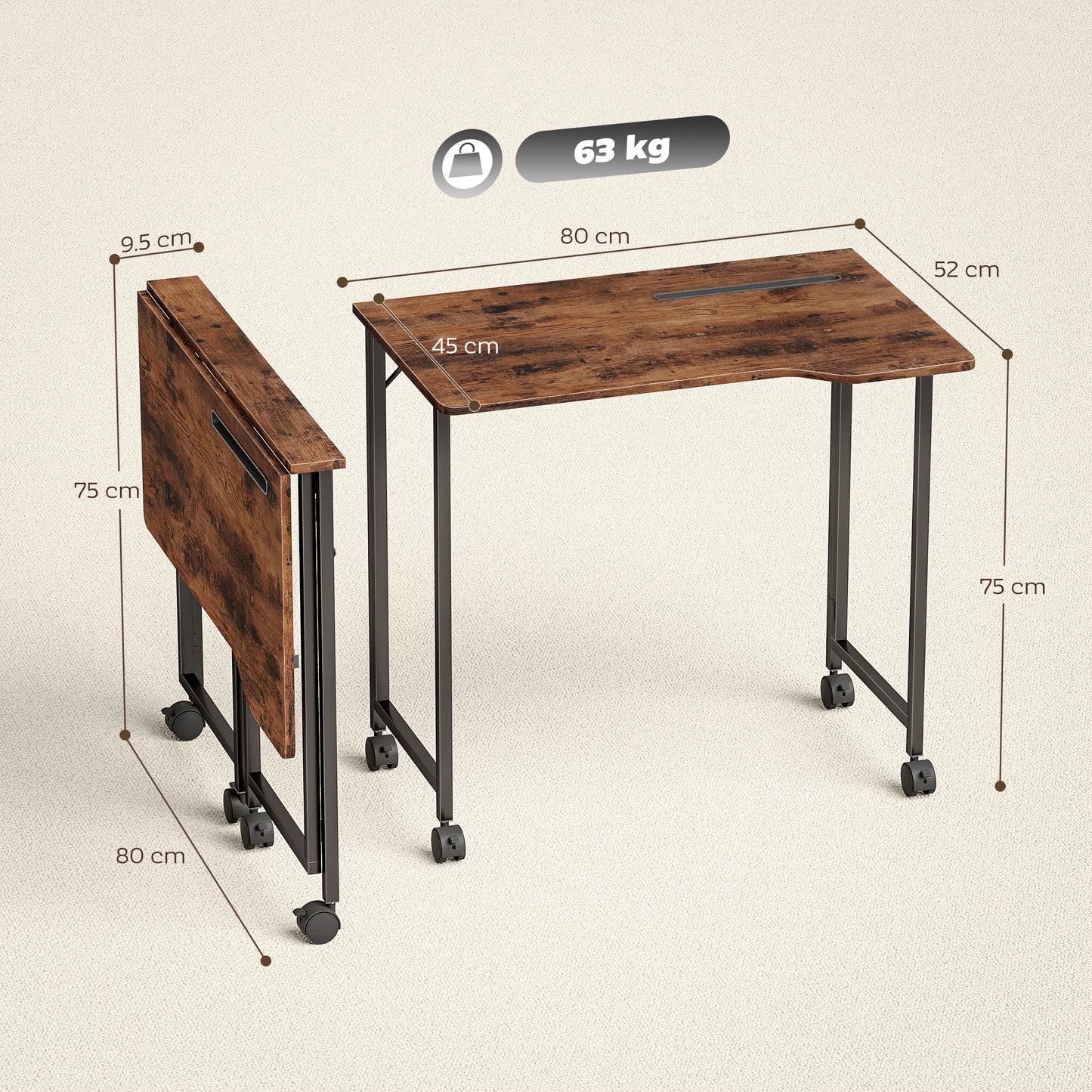 Zika 80cm Wooden Rustic Brown Folding Desk Lockable Wheels