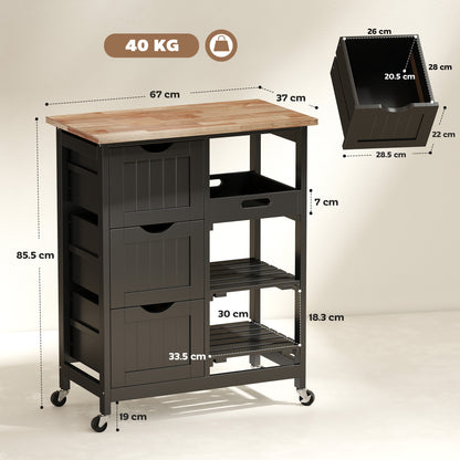 Tovafi Wooden Black Compact Rolling Kitchen Island With Wood Top Shelves And Drawers