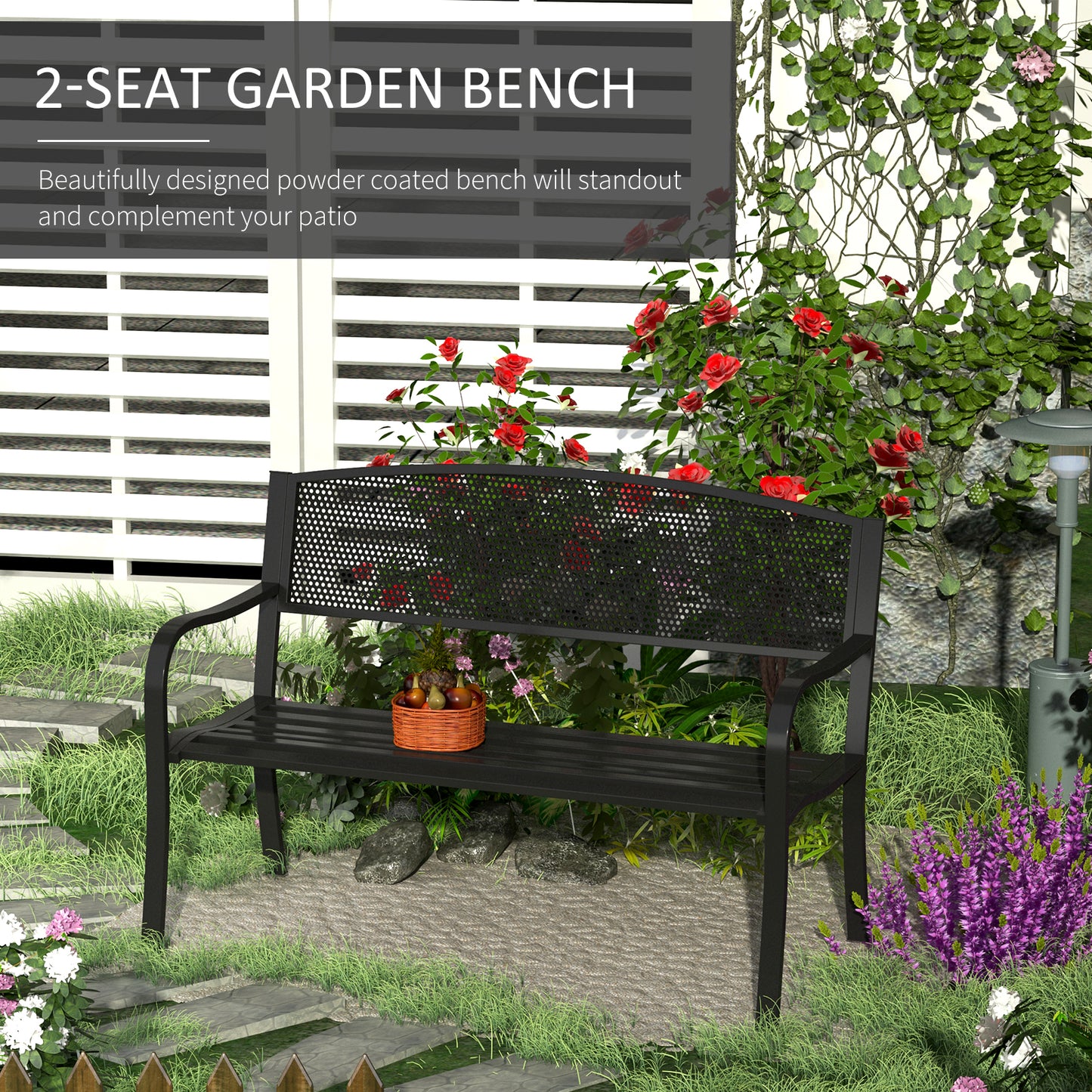 Zirila 2 Seater Steel Black and Mesh Outdoor Garden Bench