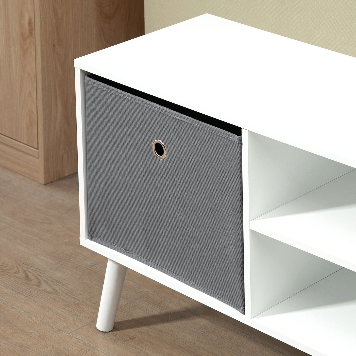 Nirona 110cm Wooden White TV Storage Cabinet With Grey Fabric Fold Down Drawers For Screens Up To 50 Inches
