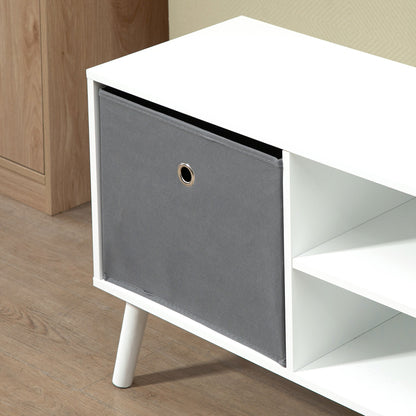 Nirona 110cm Wooden White TV Storage Cabinet With Grey Fabric Fold Down Drawers For Screens Up To 50 Inches