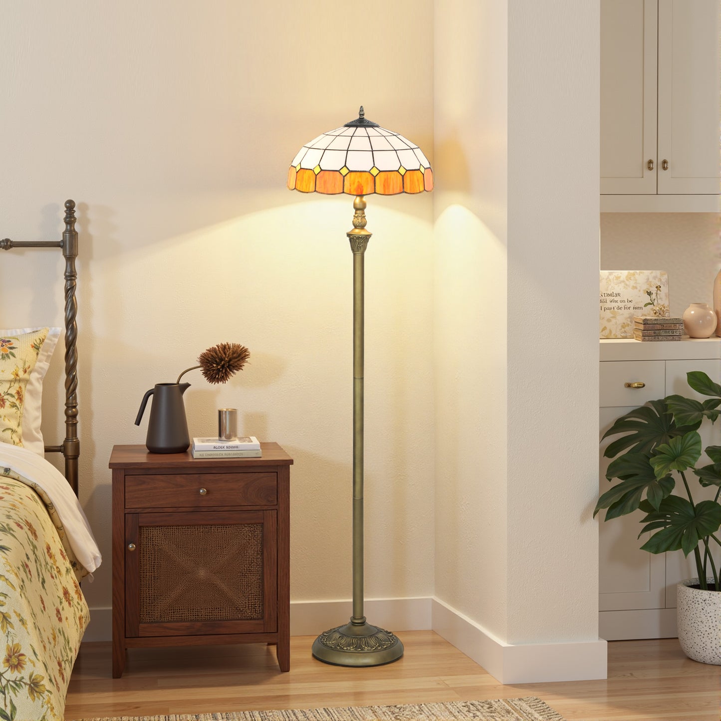 Rakelo Metal And Glass Bronze And Orange Tiffany Style Floor Lamp With Handcrafted Stained Shade