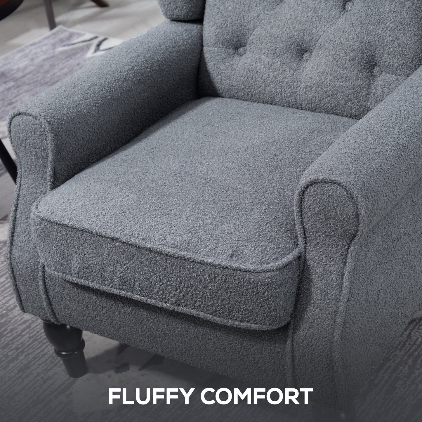 Rovero Grey Retro Wingback Accent Teddy Boucle Armchair With Diamond Button Sherpa Tufted Upholstery