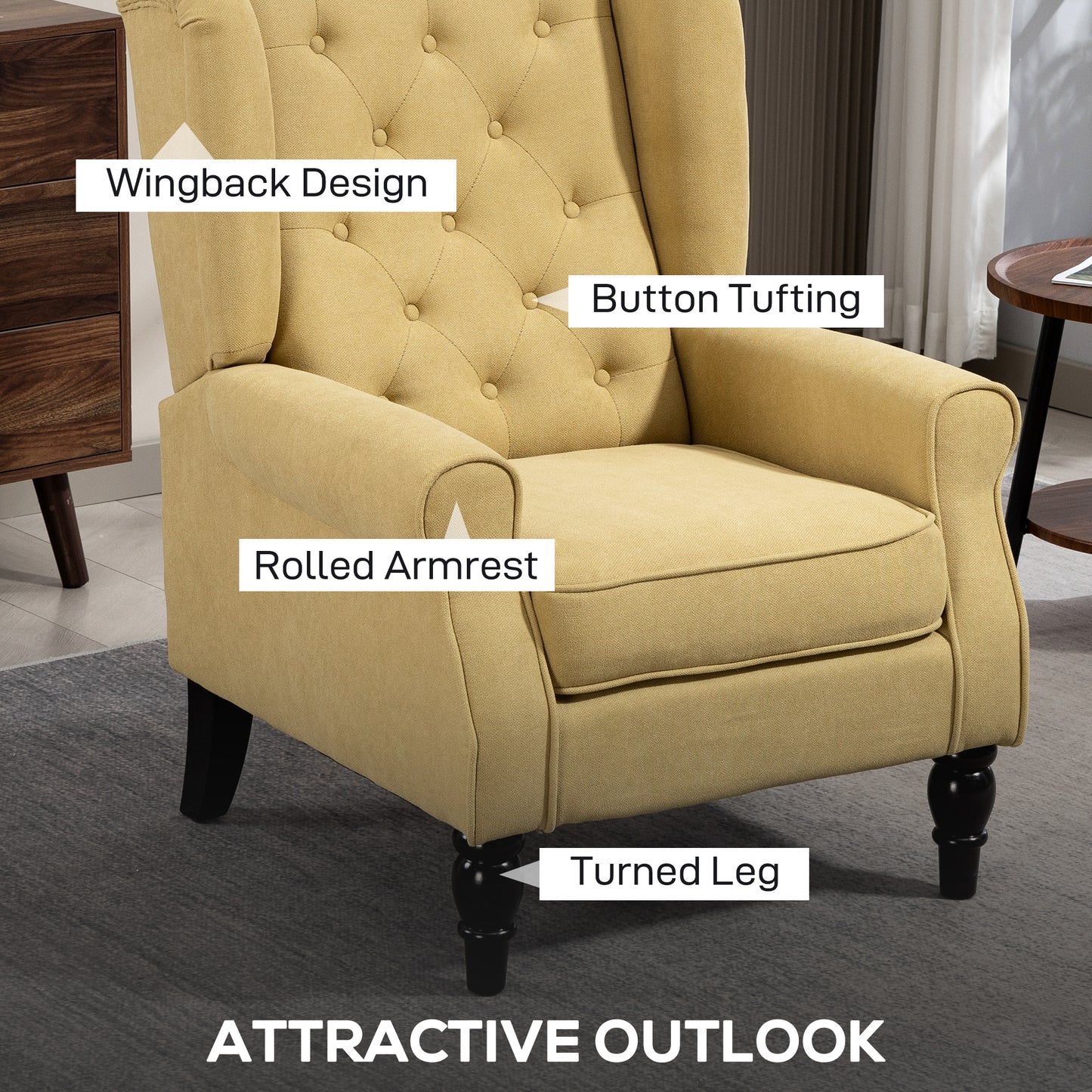 Luyo Light Yellow Retro Wingback Accent Armchair With Button Tufted Upholstery