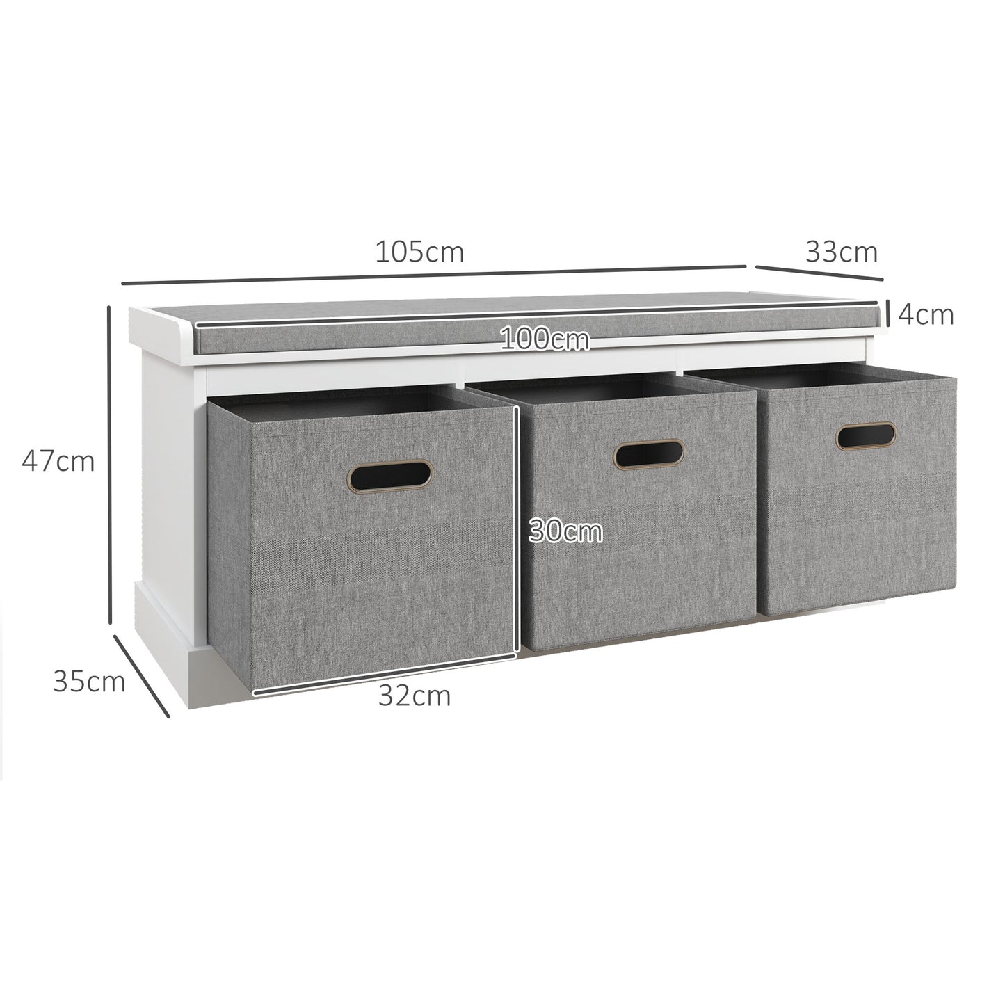 Elfila Wooden White 3 Drawer Shoe Storage Bench With Grey Padded Seat