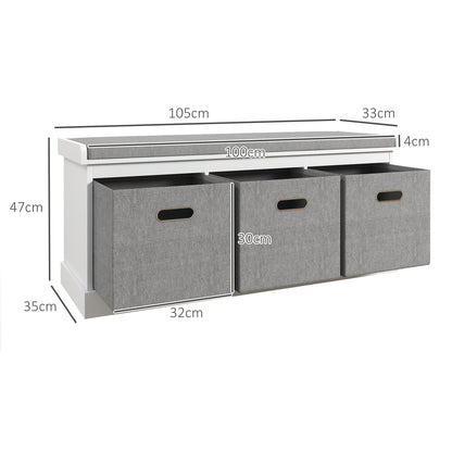 Elfila Wooden White 3 Drawer Shoe Storage Bench With Grey Padded Seat