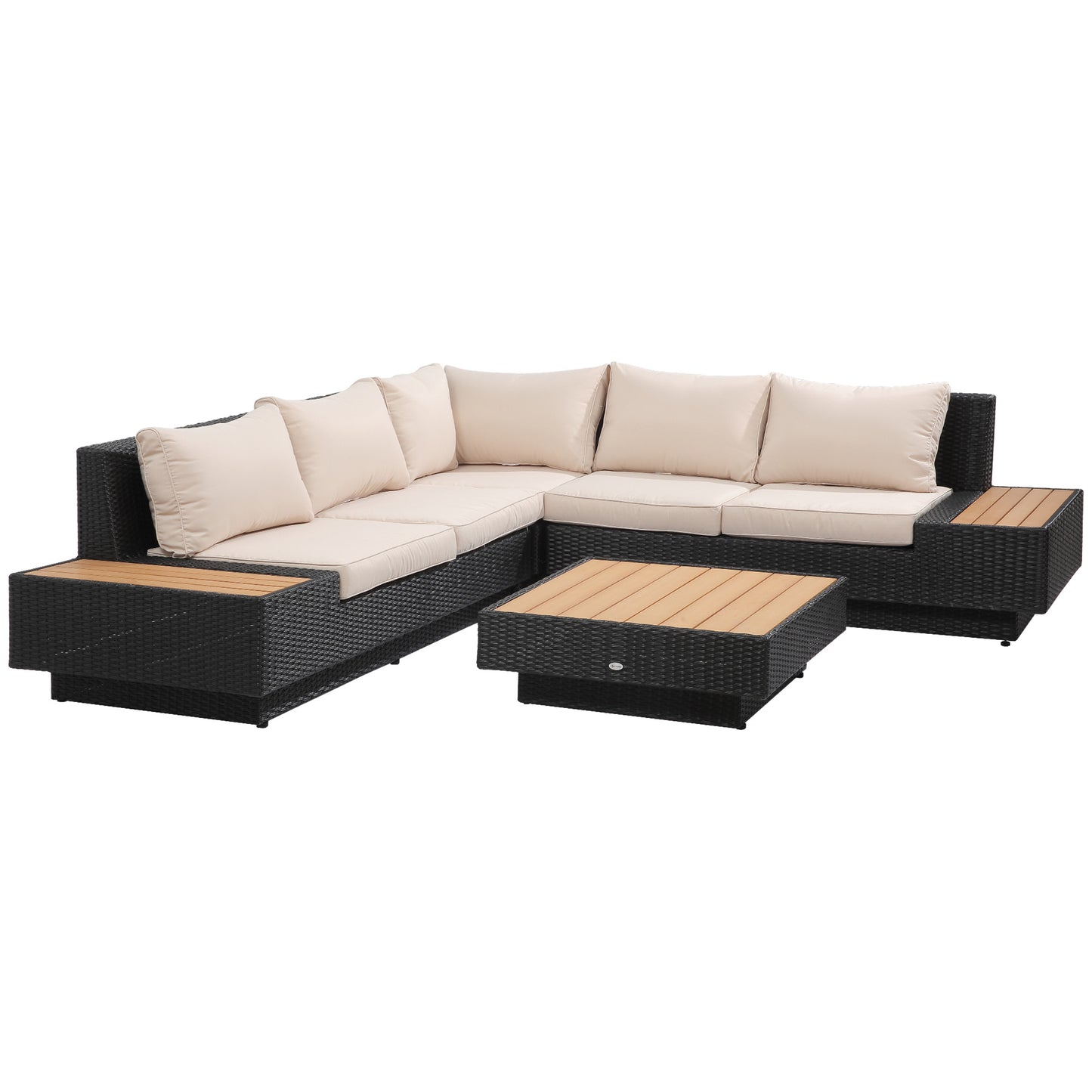 Miramar Rattan Black 5 Seater Outdoor Corner Sofa And Coffee Table Set With Cream Cushions