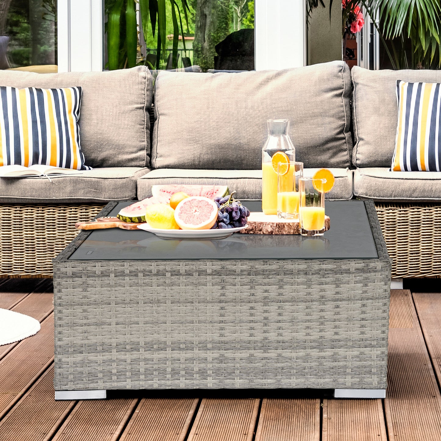 Vimito Rattan Light Grey Square Outdoor Side Table With Glass Top