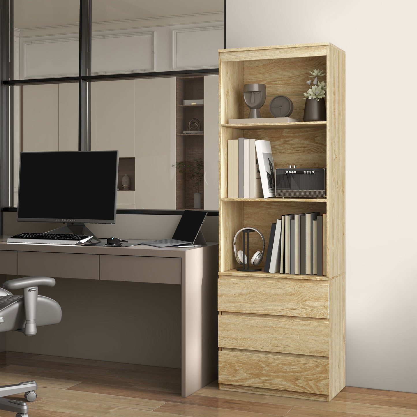 Codico Wood Effect Tall Bookcase With Shelves And Integrated Drawers 180cm