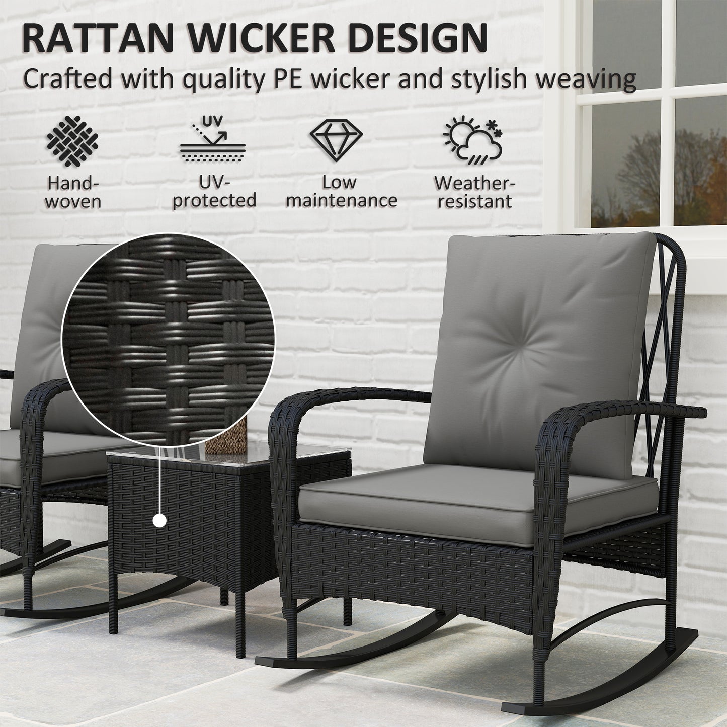 Nassotti Rattan Black 3 Piece Rocking Bistro Set Grey Cushions