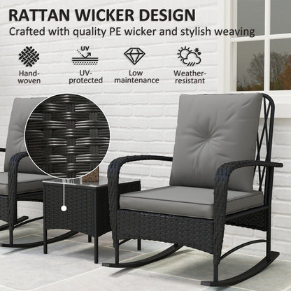 Nassotti Rattan Black 3 Piece Rocking Bistro Set Grey Cushions