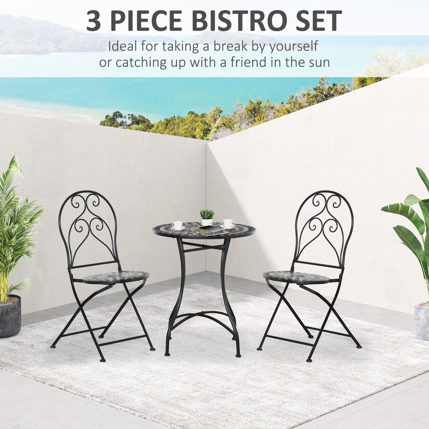 Bamasu 3 Piece Mosaic Garden Bistro Set With Folding Chairs And Coffee Table Black