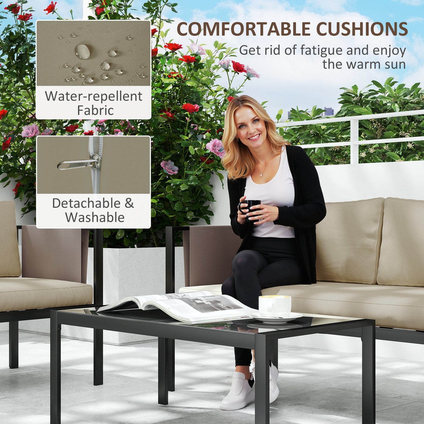 Namato Beige 4 Seater Outdoor Sofa Set With Glass Table and Side Pockets