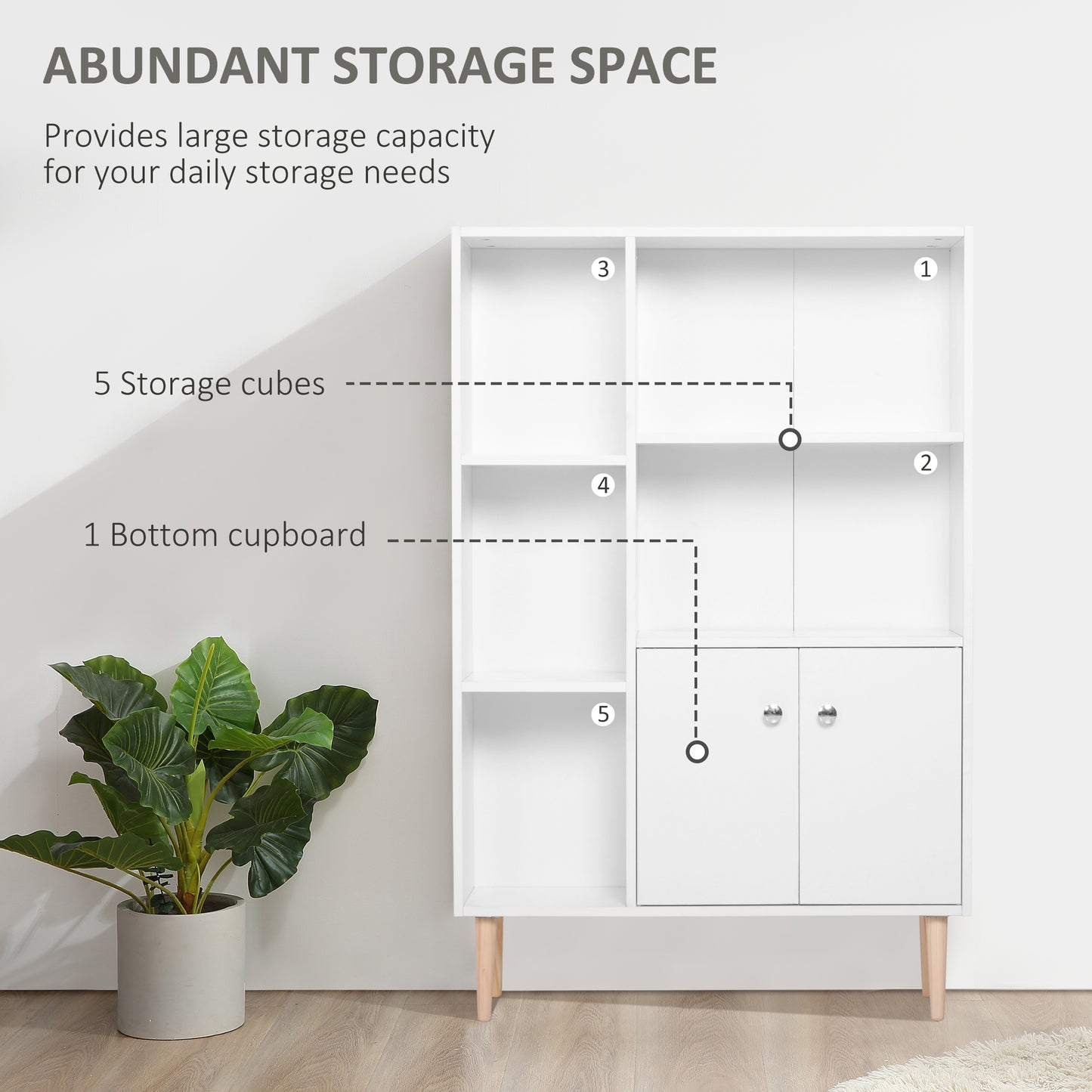Tora Lesa Wood White Sideboard Bookcase With 2 Doors And 5 Storage Compartments