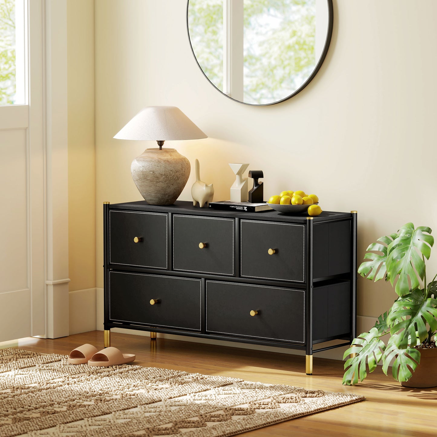 Lomomo Faux Leather Black Front Panel Chest Of Drawers